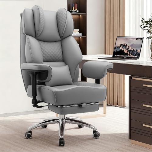Image of Big and Tall Office Chair, Computer Desk Chair with FootRest, Grey | High Back Leather Gaming Chair with Lumbar Support, Heavy Duty Ergonomic Executive Office Chair for Home Office Gaming