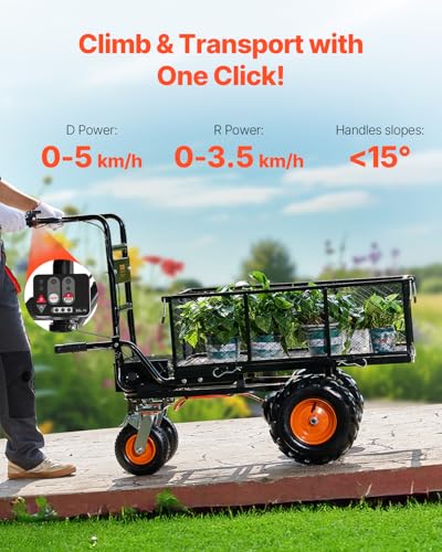 Chariot utilitaire électrique robuste - Capacité de 300 kg - Chariot de jardin en acier avec freins - 4 roues - Pour ferme et camping