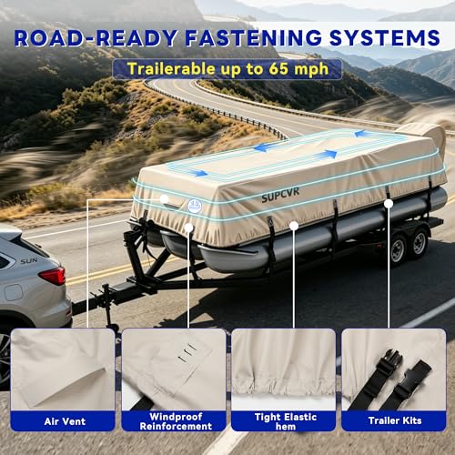 Image of Heavy Duty Pontoon Boat Cover with 1400D Marine Grade Fabric 21'-24'