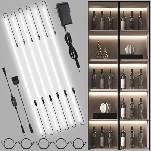 JUSJUBR LED Lights for Shelves, 6 PCS 20 Inch Dimmable Flexible COB LED Strip Lights for Cabinet, Display Case, Bookshelf, Kitchen, Wardrobe and Closet, Under Cabinet Lighting Cold White 6000K