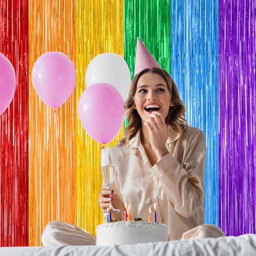 Image of ZATAYE 12 Pack Rainbow Kindergarten Foil Curtain Streamer Decorations | Rainbow, Metallic Foil, 3.28 x 7.05 FT, Tinsel Backdrop, Foil Curtain Streamer, Back To School Kindergarten Decor