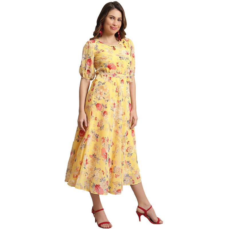 Preneum Women Fit & Flare Latest Style Print Georgette Regular Sleeves Casual Summer Maxi Dress | Festival & Occasion, Yellow, M