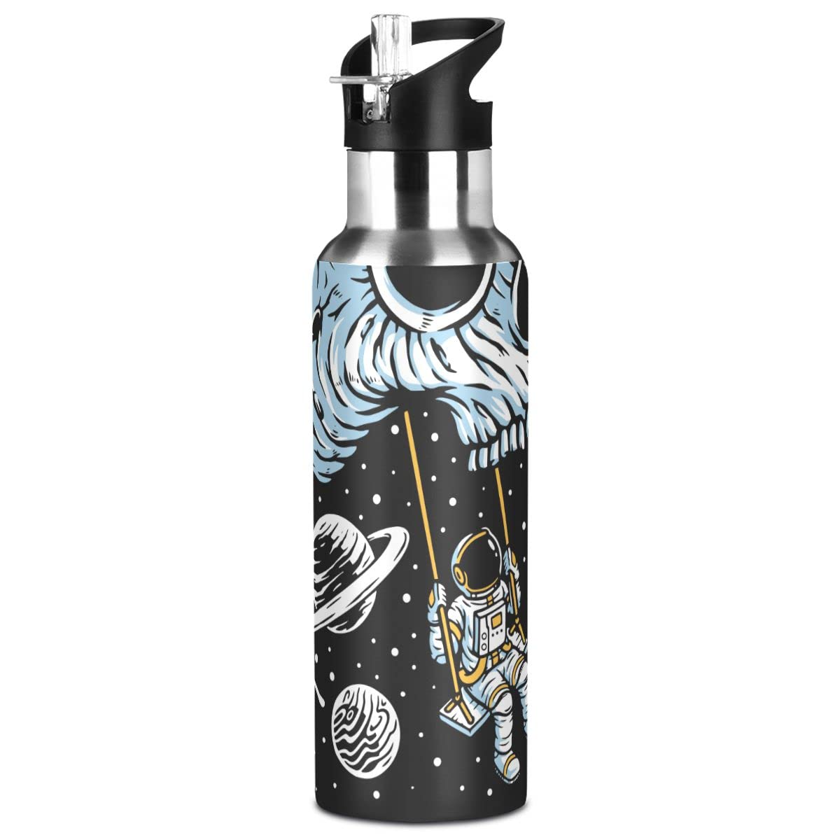 Edelstahl Wasserflasche mit Strohhalm, Spielen Schaukel auf Schädel Planet Isolierte Trinkflasche Sport Wasserflasche für Kinder Erwachsene, auslaufsicher, 1L