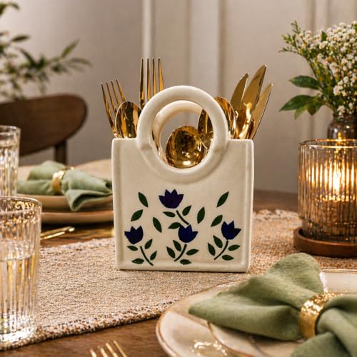 Image of Ceramic Utensil Holder with Blue Floral Pattern, White Kitchen Organiser, Cutlery Set Holder