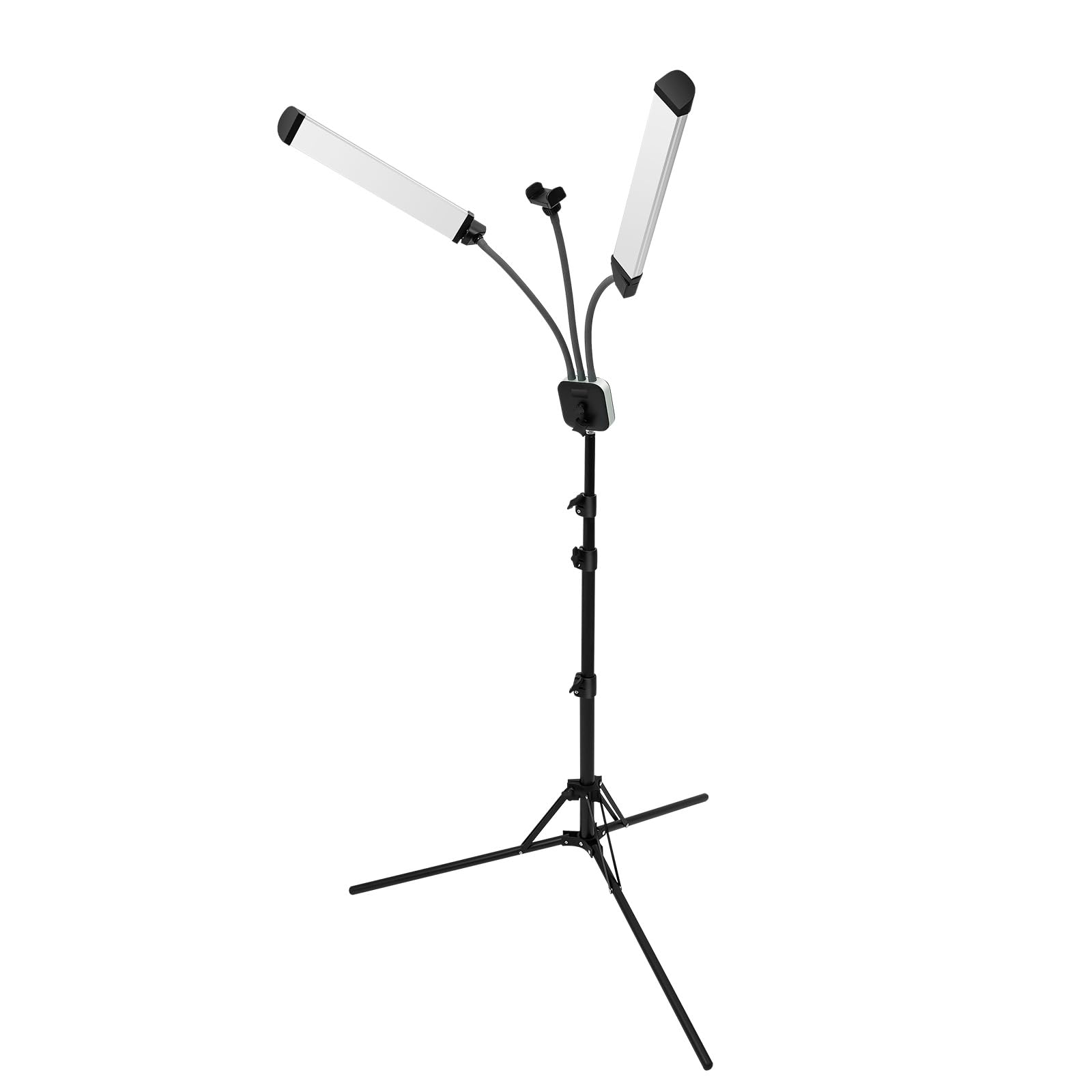 Treppiede per cellulare con luce LED, 3000 – 6500 K, dimmerabile, a doppio braccio con testa di luce girevole a 360°, set di illuminazione fotografica, per cellulare, live stream, video, trucco