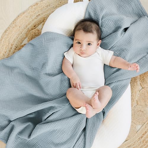 Image of Konssy Muslin Swaddle Blankets for Girls Boys 2 Pack, 100% Cotton Receiving Baby Blanket Large 47 x 47 inches, Soft Breathable Swaddling Wrap for Unisex Newborn (Star,Blue)