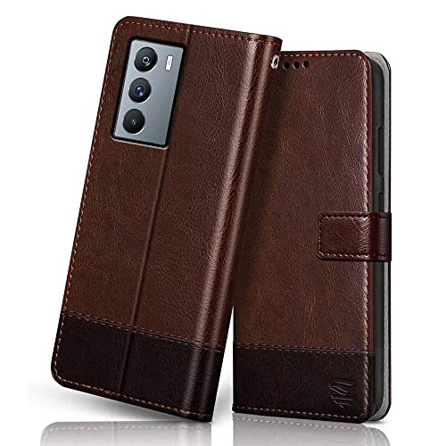 Image of FLIPPED Vegan Leather Flip Case Back Cover for iQOO 9 SE 5G (Flexible, Shock Proof | Hand Stitched Leather Finish | Card Pockets Wallet & Stand | Brown with Coffee)