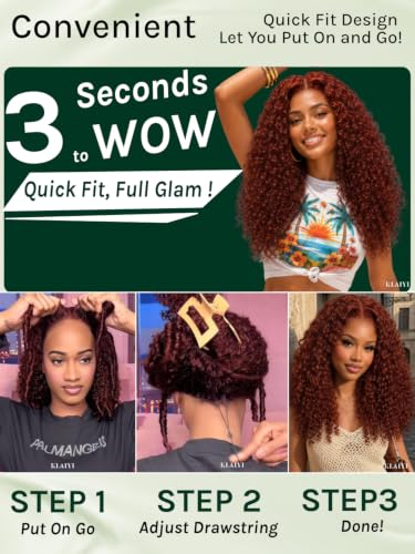 Image of KLAIYI Reddish Brown Burmese Curly Precut 7x5Lace Front Wigs Human Hair 22 inch | Bye Bye Slip Glueless Drawstring Wig Finger Coil Ends Pre Plucked Bleached Knots Pre Everything 30S Ready to Wear and Go Wig
