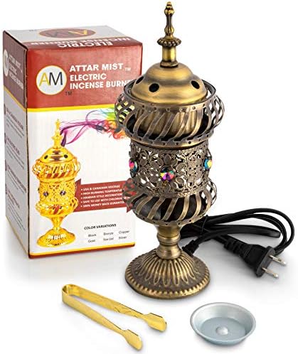 Attar Mist Carousel Electric Incense Burner - Metalic Bakhoor Burner Holder | Oud Frankincense Resin Burner (Mabkhara) | for Office & Home Decor | Ideal for Yoga, Spa & Aromatherapy (Bronze)
