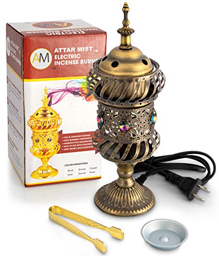 Attar Mist Carousel Electric Incense Burner - Metalic Bakhoor Burner Holder | Oud Frankincense Resin Burner (Mabkhara) | for Office & Home Decor | Ideal for Yoga, Spa & Aromatherapy (Bronze)