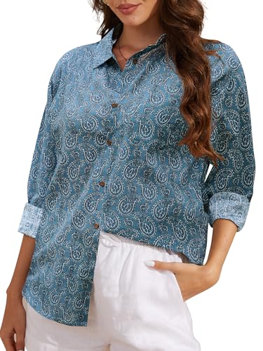 CUNLIN Womens Printed Long Sleeve Button Down Shirt Soft Cotton Casual Style with Pocket Paisley Size M