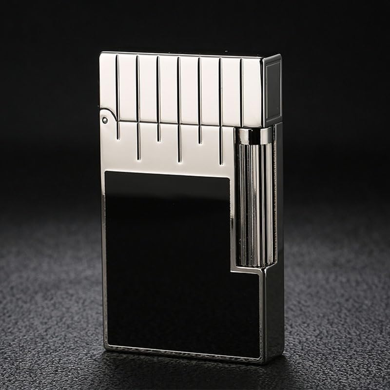 Vintage Flip-Top Side-Slide Ignition Soft Flame Lighter Classic Copper Flip Sound Lighter Black and Silver Decoration Geometric Lines