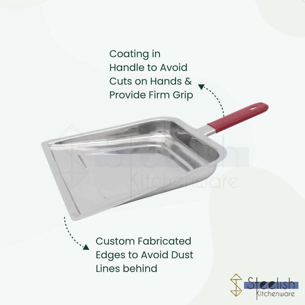 Stainless Steel Dustpan with Red Handle, Rust-Resistant, Lightweight, for Home, Kitchen and Office Cleaning