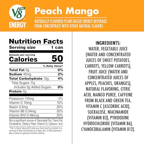 Image of V8 +Energy Peach Mango Juice Energy Drink, 8 fl oz Can (Pack of 6)