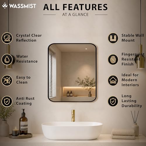 Image of WASSMIST Mirror for Bathroom Wall | Square Bathroom Mirror with Aluminium Frame | HD Reflection Wall Mirror for Living Room /Bedroom (18 X 24 inch)