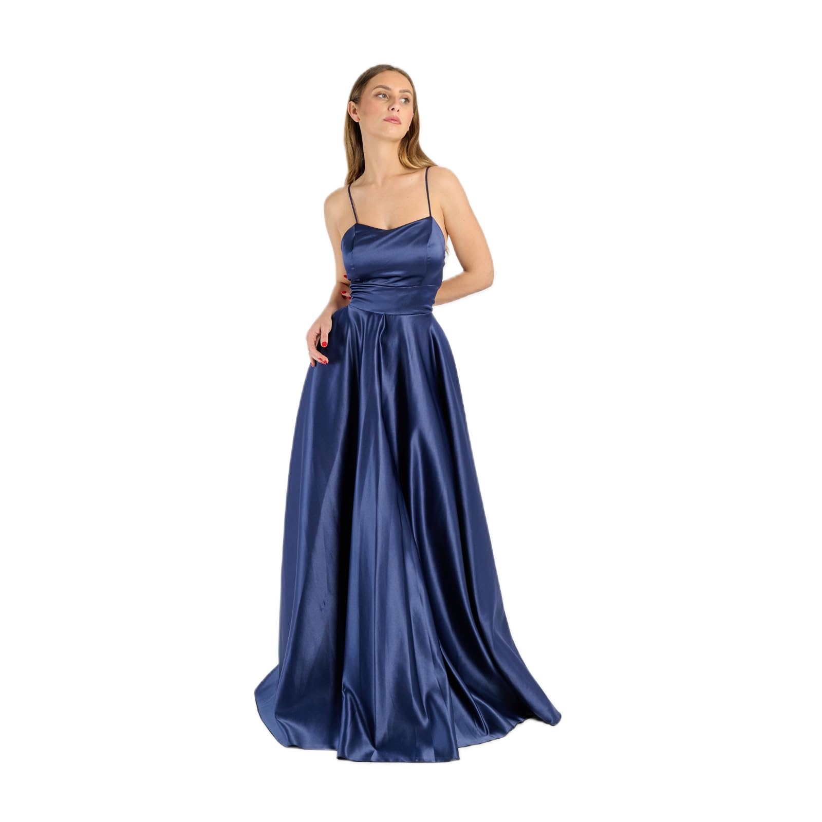 Abito Lungo Elegante Donna in Raso – Spalline Sottili, Schiena Scoperta con Allacciatura, Linea Ampia Fluida – Vestito da Cerimonia, Festa, Evento Formale