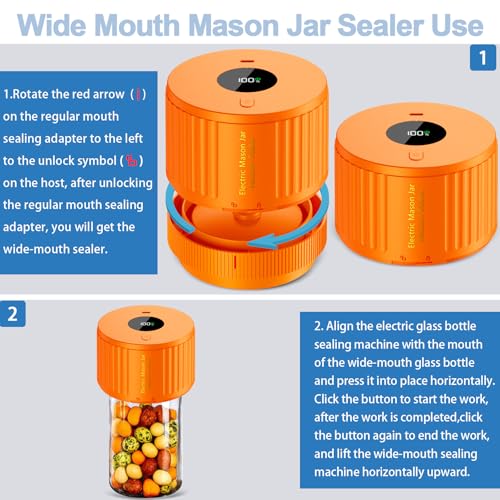 Electric Mason Jar Vacuum Sealer Kit for Wide Mouth and Regular Mouth Mason Jar - Orange