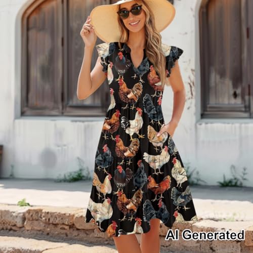 Image of Women's Casual Ruffle Sleeve Dress V Neck Pullover Dress Flowy A-Line Pleated Lightweight Dress with Pockets