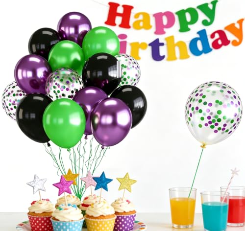 Image of Green and Purple Balloons, 70pcs Light Green Purple Black Balloons with Confetti for Birthday Party Supply