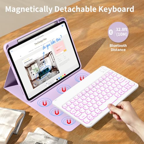 kenke for iPad 11/10th Gen Case with Keyboard 11/10.9 inch 2025 A16/2022, Detachable Wireless Bluetooth Keyboard Case with Right Side Pencil Holder, Backlit White Round Keycaps (Taro) by kenke - Image 2