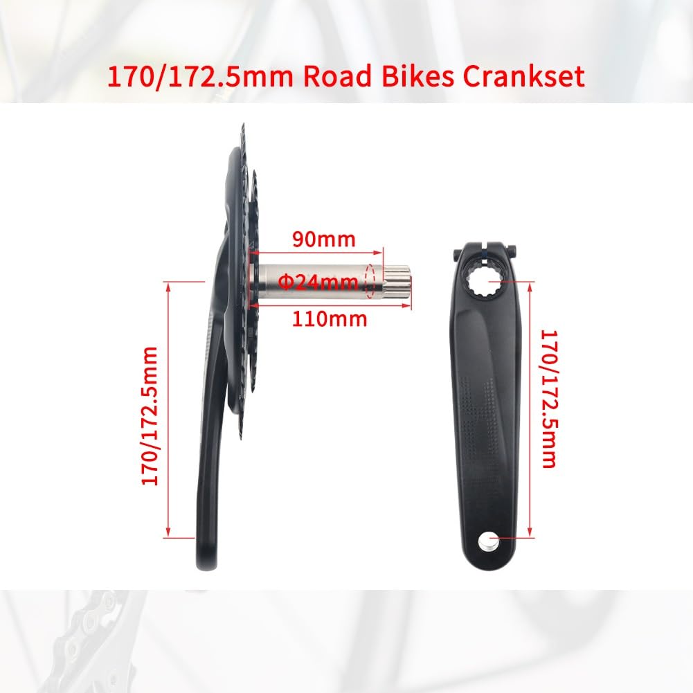 Guarnitura per bici da strada 170/172,5 mm, cava, integrata, 110 50/34T 52/36T, doppia velocità, corona rotonda, bracci pedivella compatibili con 10-12 velocità, lega di alluminio ultraleggera, nera.