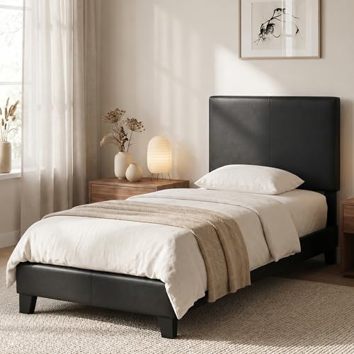 FURINNO Pessac PU Leather Upholstered Platform, Twin, Black