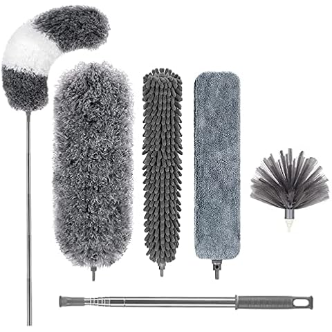 Microfibre Duster, Pack of 5 Reusable Bendable Duster with 100 Inch Extra Long Extension Rod, Washable Dusters for Cleaning Ceiling Fans, High Covers Cover