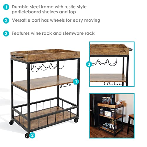 Sunnydaze 35-Inch 3-Tier Industrial Rolling Bar Cart For The Home - Wine And Glass Rack #TOP3