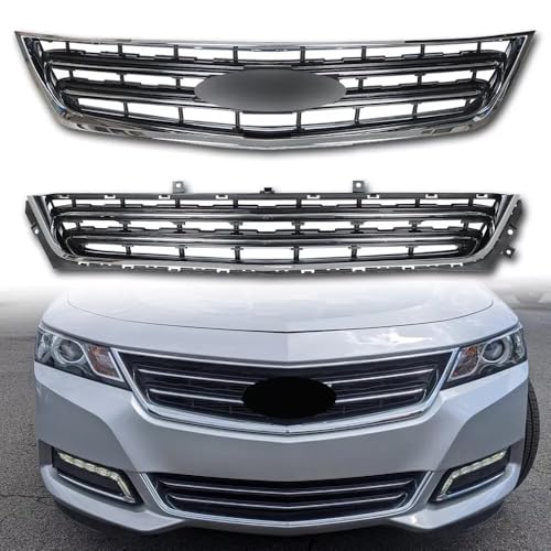 2PCS Upper+Lower Chrome Black Grill Front Grille Compatible with 2014 2015 2016 2017 2018 2019 2020 Chevrolet Impala
