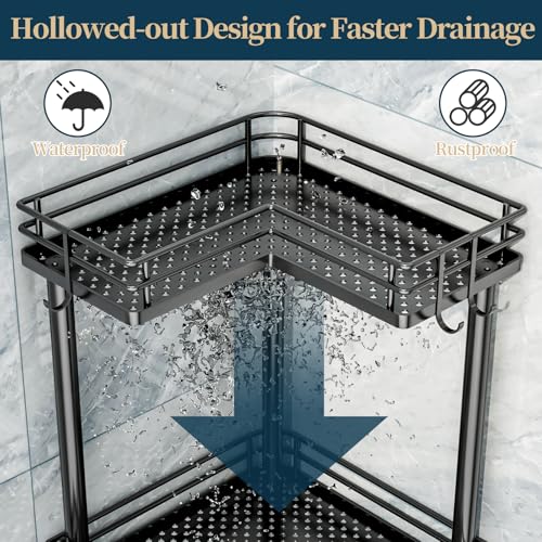 Image of Consumest Corner Shower Caddy Standing - 3-Tier Stainless Steel Shower Organizer with Soap Holder and 4 Hooks, Large Capacity Corner Shelf Stand for Bathroom, Rest Room, Black
