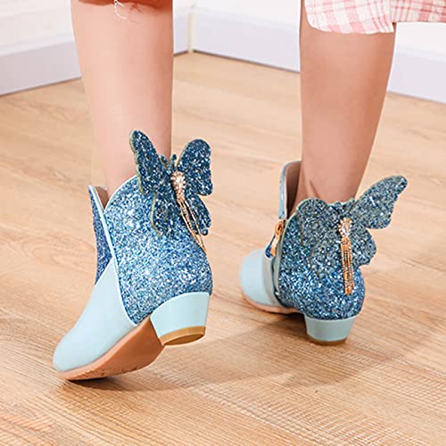 Girls Boys Fashion Ankle Boots Bowknot Side Zipper Low Heel Platform Outdoor Booties Dress Walking Boots Shoes (Blue, 11.5-12 Years Big Kids)4