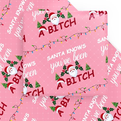 WRAPAHOLIC Funny Christmas Wrapping Paper Sheet - 6 Sheets Pink Rude Adult Christmas Wrapping Paper Santa Knows You Have Been A Bixxh for Winter Girlfriend Women - 19.7 Inch x 27.5 Inch Per Sheet