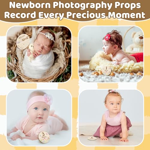 Image of 7pcs Wooden Baby Monthly Milestone Cards Double Sided Baby Birth Sign | Hello World Milestone Sign Discs Pregnancy Baby Shower Gifts for Newborn Photo Props