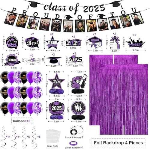 Image of FRAMICS Graduation Decorations 2025, Graduation Banner Class of 2025, Graduations Photo Banner, Tinsel Backdrop Curtains, Ballons & Streamers Kit, Graduations Party Decorations, 82 Pieces, Purple