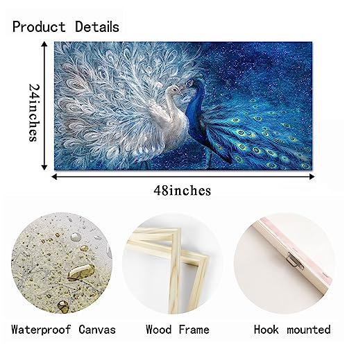 Ouelegent Peacock Canvas Wall Art Blue And White Peacock Couple Painting Pictures Elegant Animal Artworks Romantic Kiss Artwork For Living Room Bedroom Wall Decor Ready To Hang 24 Inchx48 Inch thumb #6