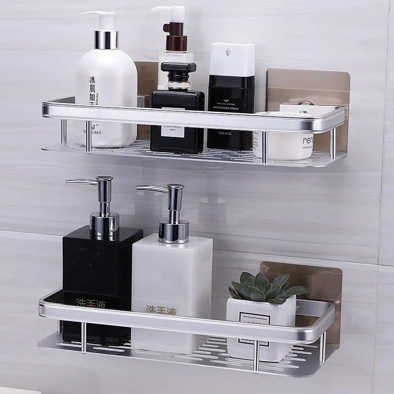 JUNARISShower Caddy Shelf | Stainless steel Self Adhesive No Drilling | Bathroom Shower Rack, Wall-Mounted Organizer with Rustproof Basket, Toilet, and Kitchen Storage (SILVER)