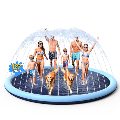 Image of VISTOP Non-Slip Splash Pad for Kids and Dog, Thicken Sprinkler Pool Summer Outdoor Water Toys - Fun Backyard Fountain Play Mat for Baby Girls Boys Children or Pet Dog (127 inch, Blue&Blue)