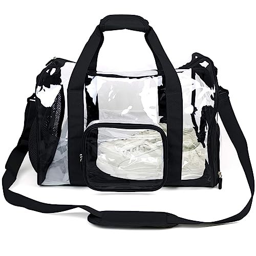 Large Heavy Duty Clear Duffel Bag with Shoes Compartment, Stadium Approved Clear Gym Bag with Adjustable Strap, Clear Tote Handbag for Home, Work, Concerts, Sports Events-Black3