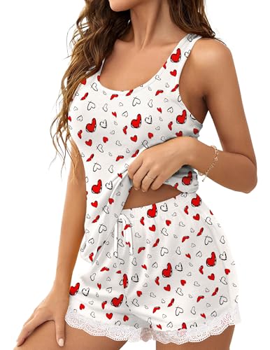 Image of Ekouaer Womens Pajama Sets Sleeveless Tank Top and Shorts Pj Set Lace Hem Sleepwear S-XXXL