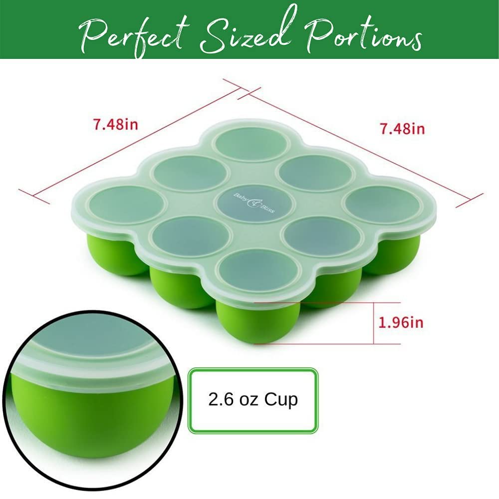 PIQIUQIU Contenitore per Alimenti 9 cavità in Silicone, Vassoio per Alimenti Surgelati Congelatore (Verde 75ml)