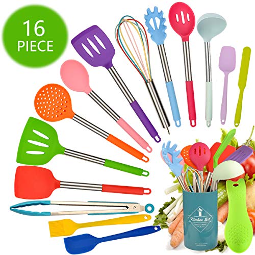 AILI Juego De Utensilios De Cocina De Silicona, Utensilios De Cocina Juego De Utensilios De Cocina Silicona Antiadherente Resistente Al Calor, Utensilios De Cocina Con Mango De Acero Inoxidable 16 pzs