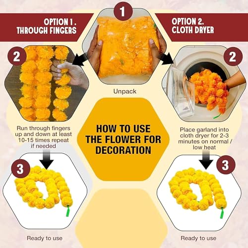 Image of Artificial Marigold Flower Garlands, (Pack of 20) 50 Inches Marigold Strings for Diwali, Pooja, Wedding, Festival, Housewarming, Mandir, Wall, Door, Home Decor - Yellow & Dark Orange
