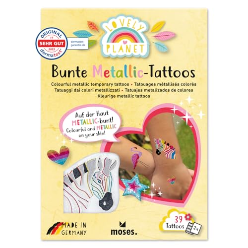 moses. Lovely Planet - Tatuaggi metallici colorati – 39 scintillanti per bambini con motivi arcobaleno, tatuaggi adesivi su 2 fogli, approvati Dermatest, Made in Germany