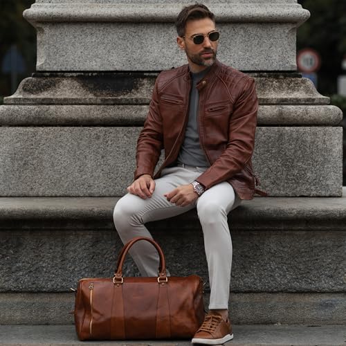 Image of Time Resistance Leather Duffel Bag - Large Weekend Gym Travel Bag (Cognac Brown)