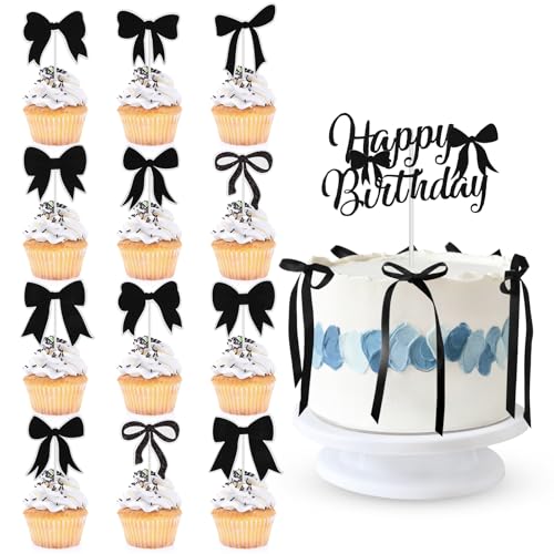 23 Piezas Decoración para Tartas Lazo Negro, Cintas Lazo Cupcakes Decorar, Happy Birthday Cake Topper para Decoraciones Tarta Fiesta Cumpleaños de Niñas
