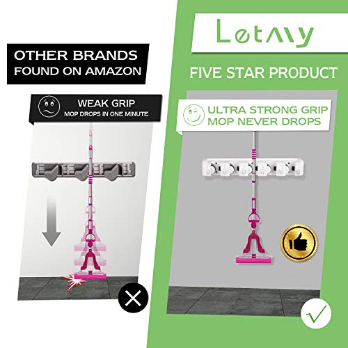 LETMY 2 Pack Broom Holder Wall Mounted - Mop and Broom Holder - Garage Storage Rack&Garden Tool Organizer - 5 Position 6 Hooks for Home, Kitchen, Garden, Tools, Garage Organizing (White)