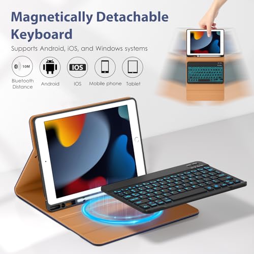 Image of DTTO for iPad 9th /8th /7th Generation 10.2 Inch Case 2021 /2020 /2019 with Keyboard, 7 Colors Backlit Wireless Detachable Keyboard Premium Leather Folio Cover with Pencil Holder & Pocket, Navy Blue