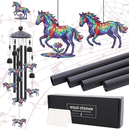 LIRAVENO Horse Decor Wind Chimes - Metal Windchime Outdoors for Garden Backyard Patio Indoor Balcony Waterproof Hanging Decoration Birthday Gift for Animal Lover Women Men Mom Grandma Wife Friends