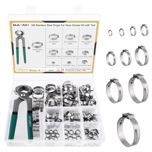 MIAHART 120Pcs Colliers de serrage à une oreille en acier inoxydable avec 10 tailles Pince à sertir en continu 304 pour sécuriser les tuyaux flexibles PEX...