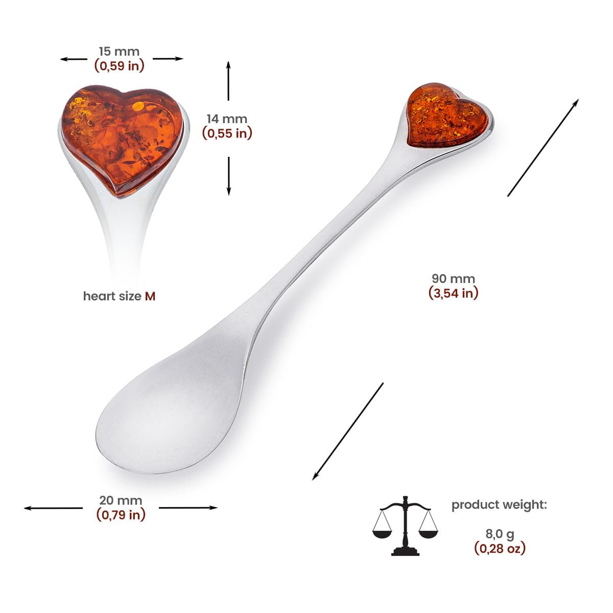 Cuchara tamaño M, plata de ley pulida con corazón de ámbar báltico, cuchara mediana de plata con corazón de ámbar, regalo para bautizo, boda, aniversario, cumpleaños, aniversario